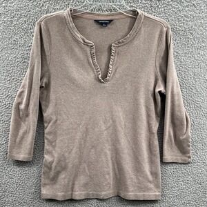 Lands End Taupe Split Neck Knit Top Womens 10 12 Soft Classic Casual Everyday